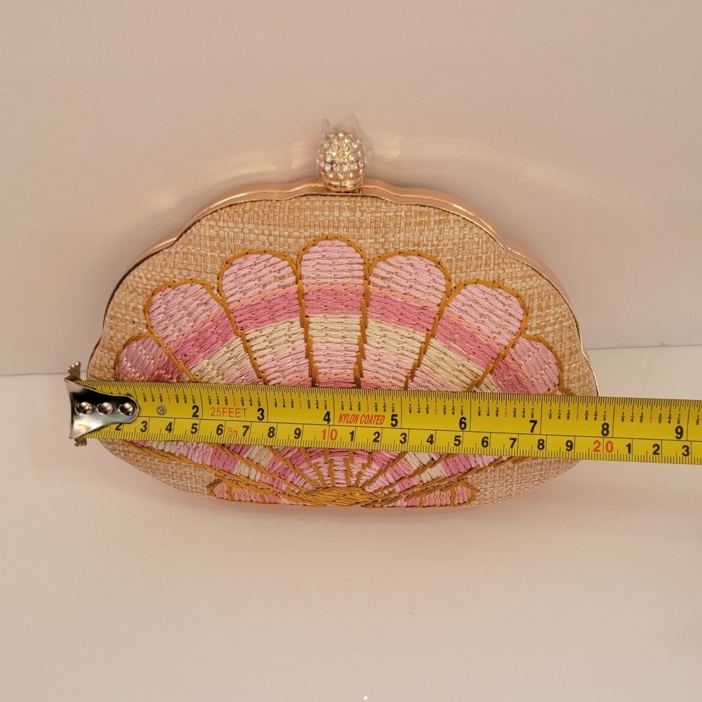 Haute Hippie Style Pink Seashell Embroidered Straw Clutch Crossbody Bag New - Picture 8 of 9